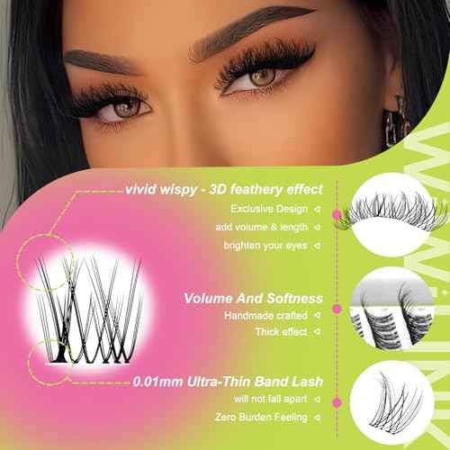 Lash Clusters Kit Natural Venus Cluster Eyelash Extensions Kit 8-16mm Wispy Eyelash Clusters D-curly Individual Eye Lashes Thin Invisible Band DIY Lash Extension Kit G02 by WiWiLINK