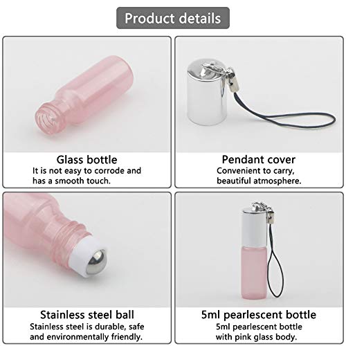 10Pcs Glass Roll-on Bottles 5ml 1/6oz Pink Pearly Roller Vials for Essential Oils Fragrance Perfume Aromatherapy Lip Balms