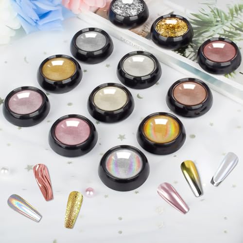 Gold Silver Chrome Nail Powder, White Pearl Aurora Mermaid Iridescent Holographic Unicorn Chrome Powder for Nails, Metallic Mirror Rose Gold Champagne Nail Chrome Powder Pigment Foil Flakes