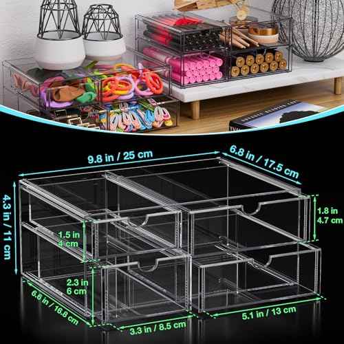 Noverlife Acrylic Hair Accessories Organizer with 4 Drawers, Clear Storage Drawers for Organizing Hair Ties/Jewelry/Sunglass, Stylish Make up Organizer Display & Office Bathroom Desktop Storage Case