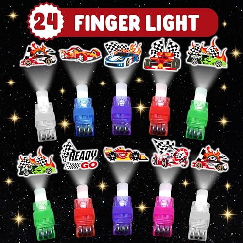 72 PCS Race Car Party Favors ? 48 PCS Tattoos & 24 PCS LED Finger Lights Combo ? Birthday Goodie Bag Fillers, Party Supplies, Gifts Light Up Toys Glow In The Dark for Boys and Girls