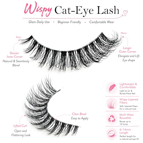QUNETY Cat Eye False Eyelashes - 10 Pairs Fluffy Wispy Lashes
