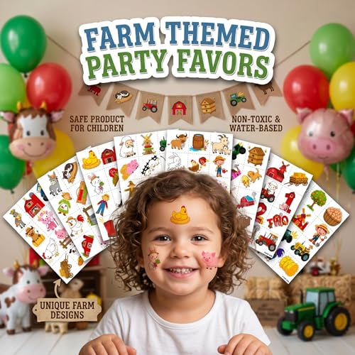 Farm Animal Temporary Tattoos, 96 PCS (8 Sheets) for Kids