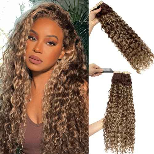Highlights Tape in Hair Extensions Human Hair for Black Women Water Wave Tape in Extensions Human Hair 18¡± Loose Curly Ombre Chocolate Brown to Honey Blonde Highlights Real Remy Skin Weft Extension