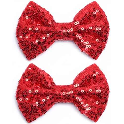 KISZU 4 Inch Sequin Glitter Hair Bows Clips, Sparkling Bling Little Bow HairPins Hair Accessories for Baby Girls Kids Children Teens and Women (Red)