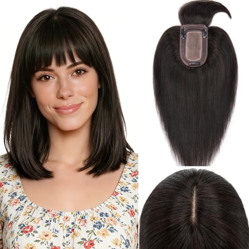 Human Hair Topper with Bangs - 12 Inch Remy Silk Base for Thinning
