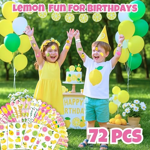 72 Piece Lemonade Party Favors Set - Tattoos & Slap Bracelets