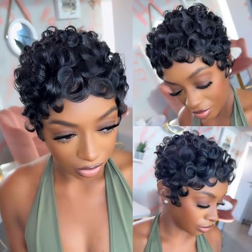 Yviann Short Pixie Cut Wig with Bangs - Black Layered Human Hair