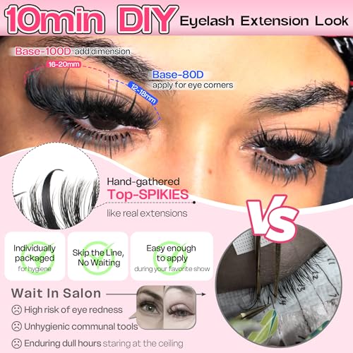 Lash Clusters Kit 13-21MM Lash Spikes Eyelash Clusters 80D 100D Thick Cluster Eyelash Extensions Kit Spiky DIY Lash Extensions Kit Individual Lashes Volume 295PCS