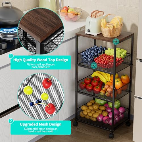 HapiRm 4-Tier Rolling Kitchen Cart with Wood Top & Wheels