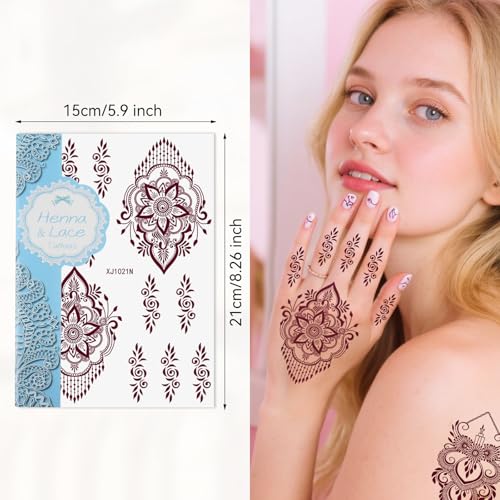 Xmasir 12 Sheets Brown Henna Tattoo Kit, Waterproof Temporary Henna Tattoos Stickers for Women Wedding Party (Brown)