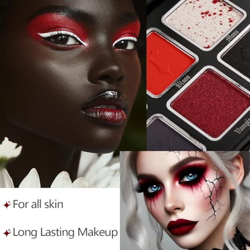 Afflano Red Black Eyeshadow Goth Makeup Palette, Vampire Blood Red Halloween Makeup Palette, Burgundy Dark Smokey Eye Shadow Palette Pigmented, Smoky Eyes Black Red Eyeshadow Costume Clown SFX Makeup