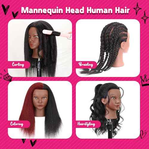 Mannequin Head with Human Hair 16" Cosmetology Manikin Doll Head 100% Real Human Hair for Styling Hairdresser Practice Braiding with Tripod Set