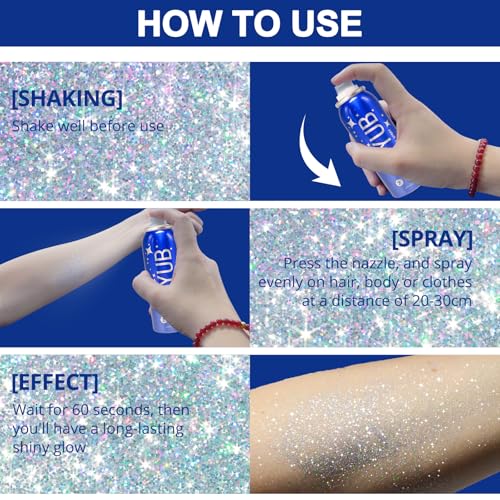 120ml Body Glitter Spray, Glitter Spray for Hair, Body and Clothes, Long-Lasting Body Shimmer Spray Suitable for Stage, Festival Rave and Makeup Prom 4.22 Fl Oz