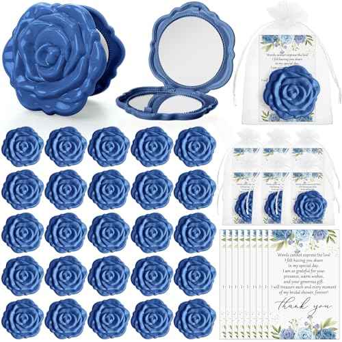 50 Sets Bridal Shower Party Favors for Guests Small Rose Compact Mirror Bulk Wedding Favors Thank You Cards and Organza Bags Wedding Party Guests Souvenir Gift (Blue)