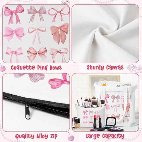 Y1tvei Pink Bows Canvas Bag - 2Pcs Coquette Bowtie Preppy Makeup Bag Set Cute Aesthetic Pink Bow Canvas Tote Bag, Reusable Grocery Folding Shopping Bag, Stuff Zipper Pouch Gifts for Women Party Favors