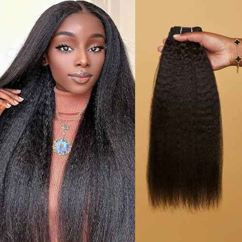 KinkyStraight Bundles Human Hair Yaki Straight Bundles 100% Unprocessed Brazilian Virgin Hair Kinky Curly Human Hair for Black Women Natural Black Color (20 inch)