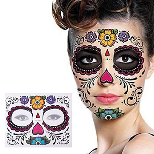 4 Pack Day of The Dead Sugar Skull Face Temporary Tattoo Halloween Makeup Tattoo Stickers for Halloween Masquerade Party(Floral, Red Roses,Black and Floral Skeleton)