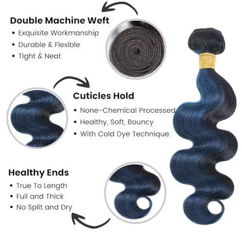 ALHER Midnight Blue 3 Bundles with 4x4 HD Lace Closure Human Hair 16 18 20+16 Inch, Body Wave #F1B/BlueBlack Roots to Blue Colored Bundle Wavy 100% Remy Hair Bundles with Closure Free Part