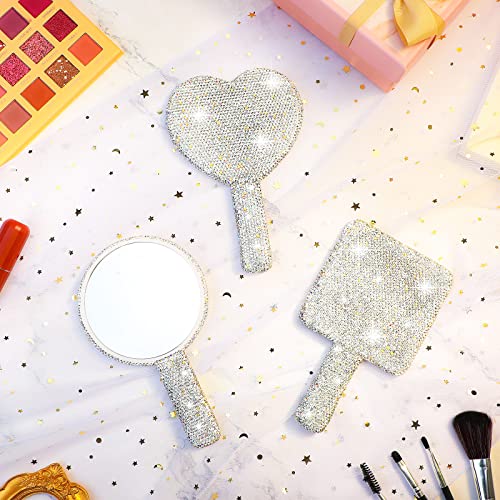 Bucherry 3 Pcs Rhinestone Hand Mirror Heart Shaped Bling Dazzling Hand Held Square Round Shape White Cosmetic Portable Decorative Personal Makeup Mirrors for Women Wedding Gift