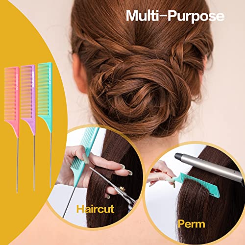 3-Pack Hair Combs with Metal Pick for Braiding & Styling - Pink Purple Green