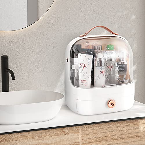 MASSY Egg Shape(Oval) Makeup Storage Box, Countertop Portable Vanity Cosmetics Organizer Preppy Style (Jasmin White)