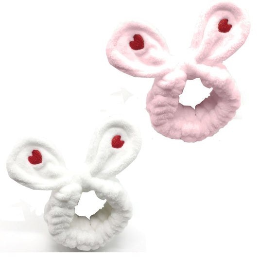 HappyDaily Lovely Supersoft Shower Hair Band - Ideal Hairlace Headband for Washing Face or Makeup (Set of 2, Love Rabbit (White + Pink))