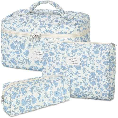 senbowe Floral Makeup Bag, 3 Pack Large Cotton Quilted Makeup Bag Set, Cute Floral Coquette Aesthetic Toiletry Bag Make Up Cosmetic Bag for Women, Toiletry Travel Make Up Organizer Bag