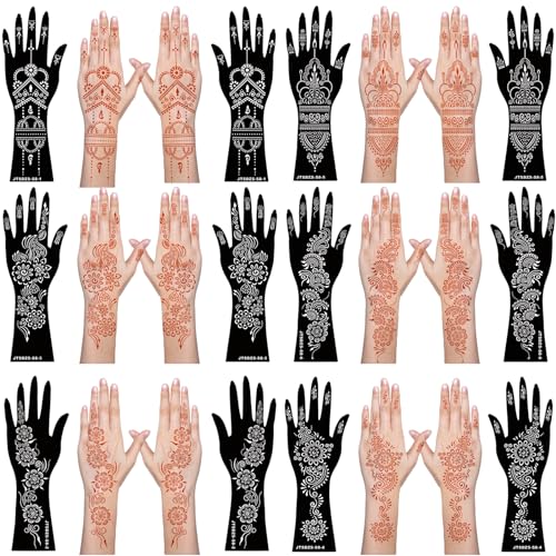 12 Sheets Henna Stencils Kit for Hand Forearm Glitter Airbrush DIY Tattooing Template, Indian Temporary Tattoo Stickers Mehndi Stencils for Hand Body Art