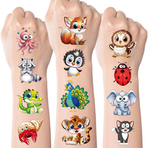 Large Temporary Tattoos for Kids, 80 Cartoon Animal Designs, 2" Stickers