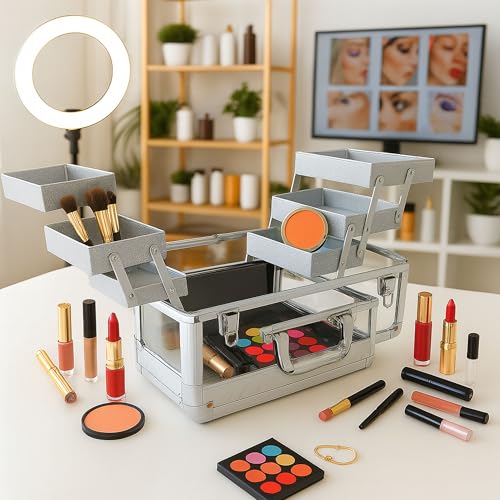 Ver Beauty Silver Diamond Makeup Train Case with 6 Accordion Trays ? Lockable Cosmetic Organizer with Spacious Interior & Clear Acrylic Top