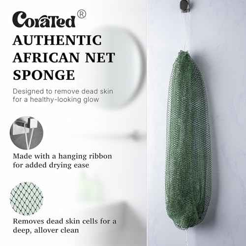 CORATED African Net Sponge Authentic, Shower Loofah Exfoliating Bath Sponge, Body Scrubber for Women and Men Daily Use Body Care, Travel Portable Bath Accessories for Bathroom (Brown & Dark Green)