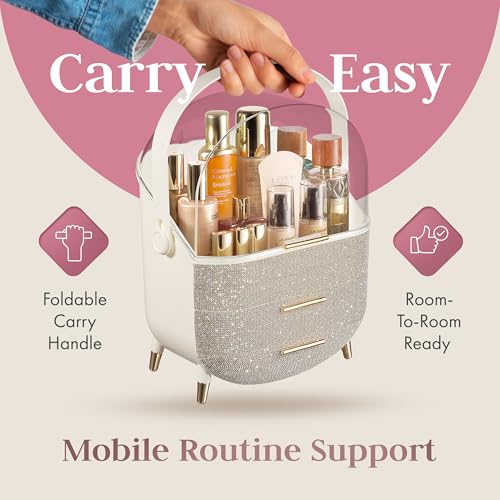 Covered Makeup Cosmetic Countertop - Large Cosmetic Organizer - Trendy Oval Shape Storage for Skin Care Organizer - Clear Lid, Storage Drawers, Carry Handle - Cute Stylish Decor Solution (Diamond)
