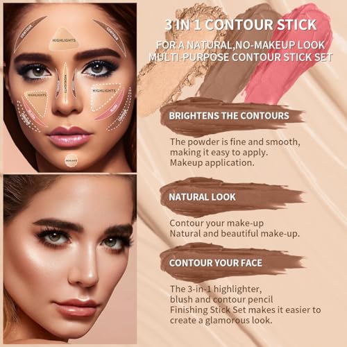 3-Piece Cream Contour Stick Kit with Highlighter & Blush