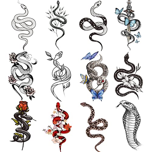 12 Large Snake Temporary Tattoos for Men & Women, Waterproof