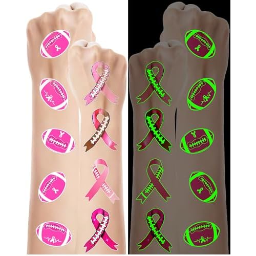 20 Sheets Luminous Pink Breast Cancer Accessories Football Temporary Tattoos - Glow in The Dark Breast Cancer Awareness Tattoos Temporary for Party Decoration Supplies