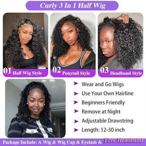 Half Wig Human Hair Glueless Wigs Upgrade 3 IN 1 Half Wig With Drawstring Seamless Clip Ins Flip Over Deep Wave Human Hair No Glue No Lace For Women 200% Density 14 Inch