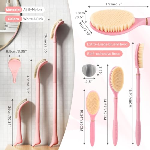 New Foot Brush & Back Scrubber Set 2PCS, 10.2''- 27.5'' Adjustable Foot Scrubber for Shower, 18.9'' Shower Back Scrubber with 3-Length Usage, Great Aid for People with Limited Mobility(Pink)