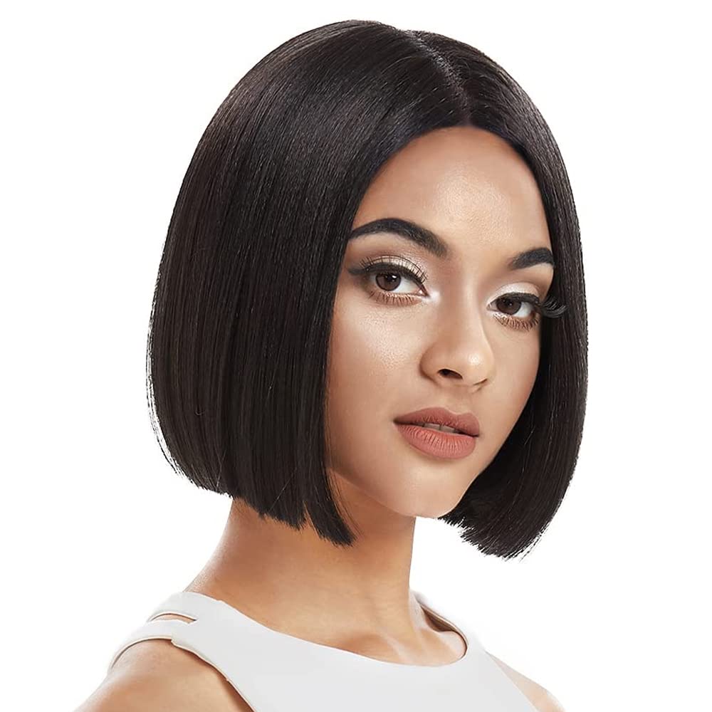 NOBLE Black Bob Wigs for Women Short Straight T Part HD Lace Front Wigs 150% Density Heat Resistant Synthetic Blunt Cut Black Bob Wigs for Party and Daily Use (10 Inch, Natural Black)