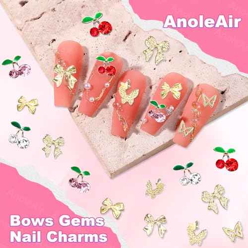 70 Pcs Cherry Nail Charms Gems, 3D Butterfly Bowknot Nail Art Charms, Alloy Bow Gold Butterfly Nail Gems Charms for Acrylic Nails, Gold Bows Nail Art Charms for Nails DIY Y2K