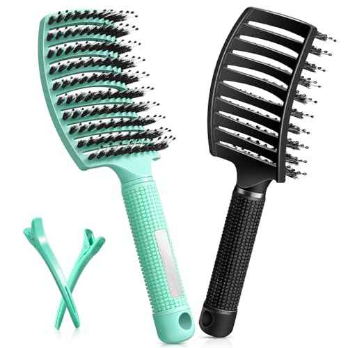 Curved Detangler Brush for Women Kid Men, 2 Pack Boar Bristle Vented Hair Brush Set with Clips for Fine Thick Hair Smoothing, Detangling, Faster Blow Drying
