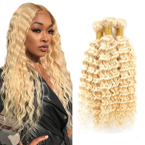 AuokMar 613 Deep Wave Human Hair Bundles #613 GD 22/24/26 Inch Blonde Virgin Remy Extensions