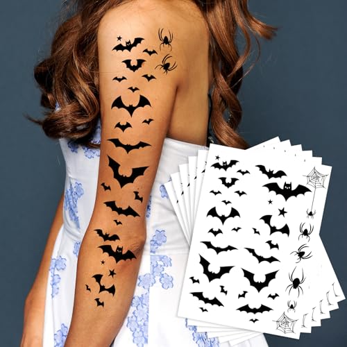 6-Pack Halloween Bat & Spider Temporary Tattoos - Waterproof