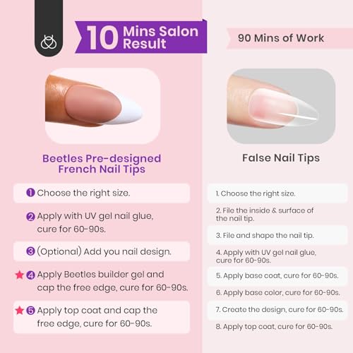 Beetles Pre-French Tips Gel Nail Tips, 4-IN-1 150Pcs Almond Medium Pinkish Brown French Press on Nails Etch X Pre-Primer & Base Coat, No File Need Easy False Nail Tips for Nail Art DIY Design