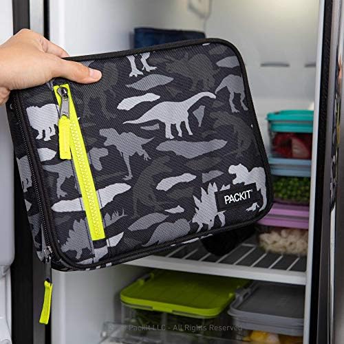 PackIt Freezable Classic Lunch Box, Dino Camo Charcoal, Built with EcoFreeze Technology, Collapsible, Reusable, Zip Closure With Zip Front Pocket and Buckle Handle, Designed for Lunches