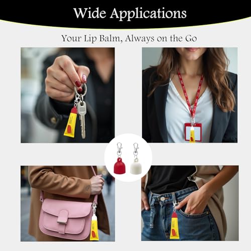 Lip Balm Cap Holder with Keychain, Portable Replacement Cover Compatible with Carmex Classic Lip Balm 0.35 oz, Leak-Proof Design, Never Lose Your Lip Gloss Again (Red+White, 4 Pack)