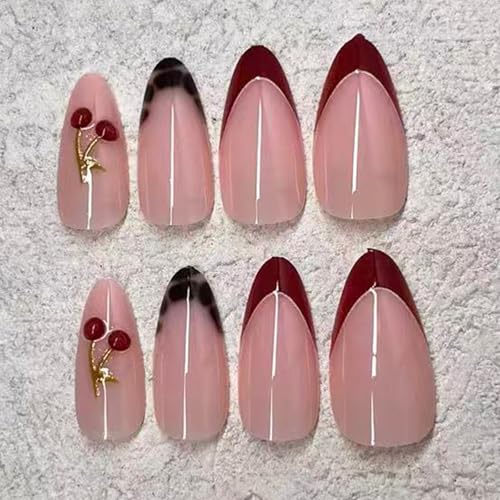 Reusable French Tip Press On Nails with 3D Cherry Design - Medium Almond, Glossy Red, Gold Accents, 24 Pieces