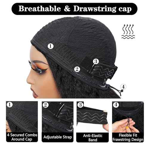 200 Density Kinky Straight Half Wig Human Hair 26 Inch,Yaki Straight 3 In 1 Seamless Flip Over Half Wigs Human Hair Wear Go Glueless Beginner Friendly Curly Half Wig Drawstring Headband Wig for Women