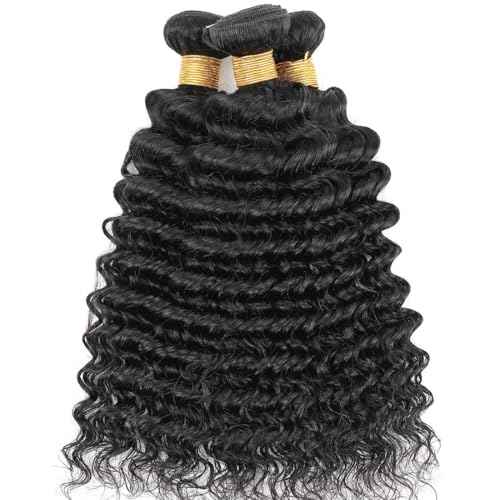 Human Hair Bundles Brazilian Deep Wave 3 Bundles 14 16 18Inch 100% Unprocessed Virgin Deep Curly Human Hair Quick Weave Raw Deals Water Wave Wet and Wavy Bundles Nature Black