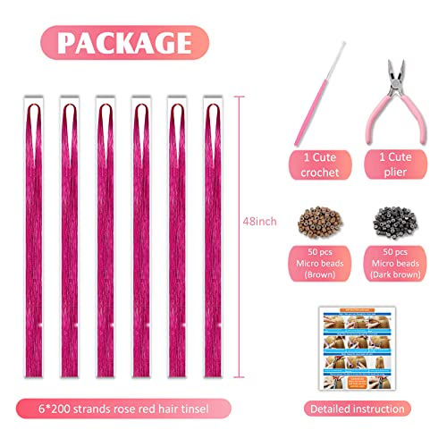 Rose Red Hair Tinsel Kit with Tools - 1200 Strands, 48 Inches
